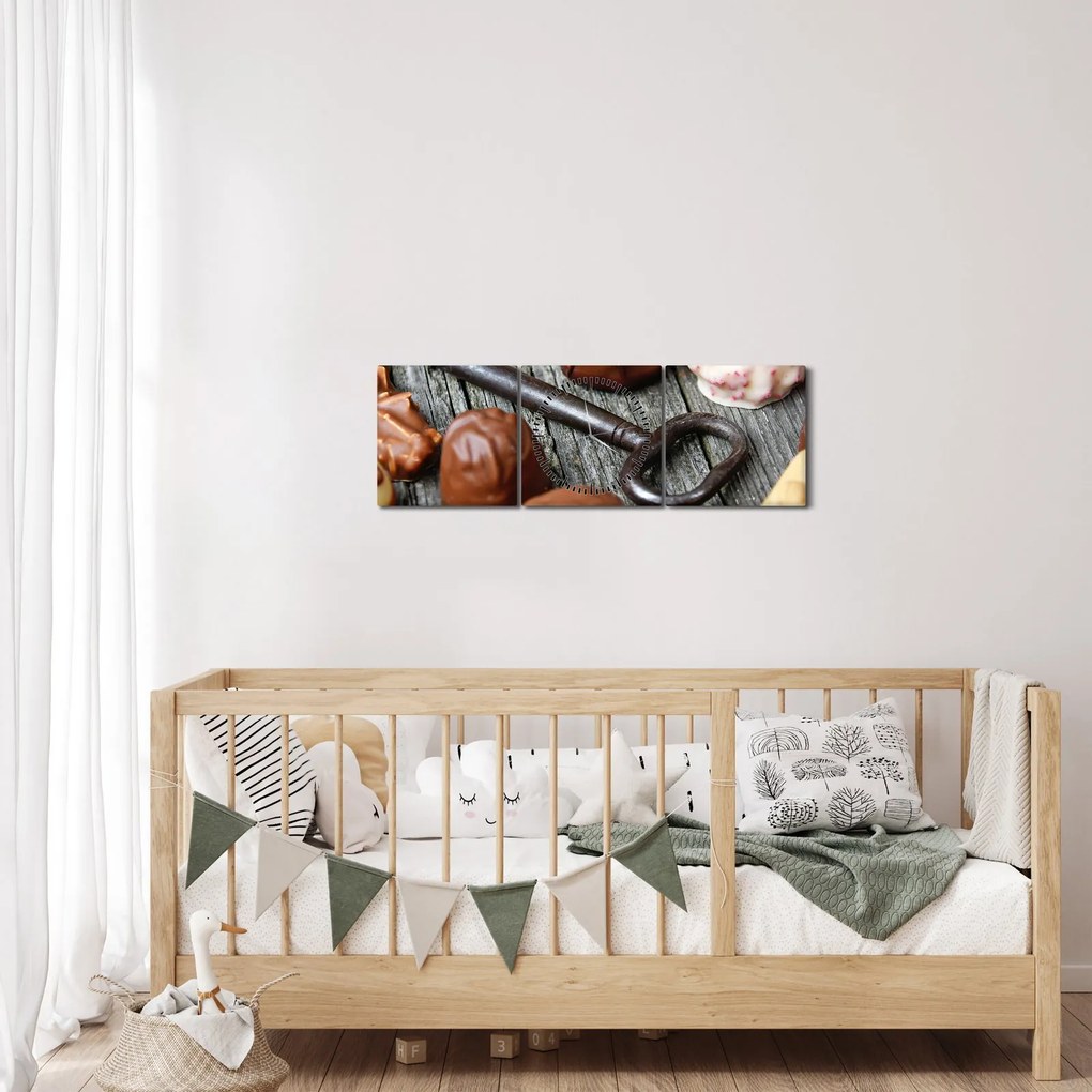 Obraz čokolády a kľúče (s hodinami) (90x30 cm)