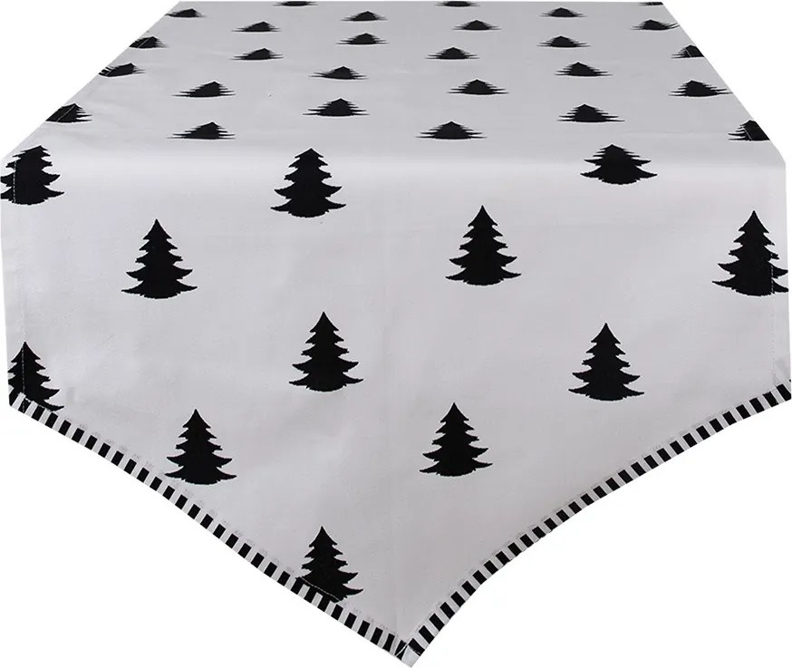 Biely bavlnený behúň na stôl so stromčekmi Black&White X-Mas - 50*160 cm