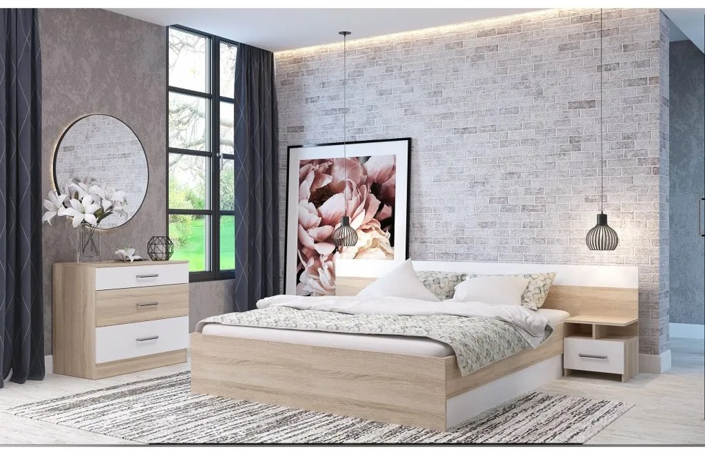 POSTEĽ LESI s nočnými stolíkmi, biela/sonoma, 160x200cm