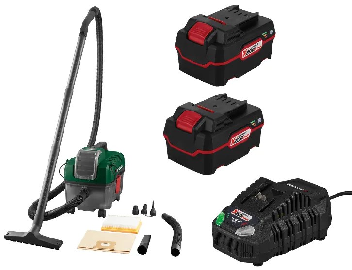 Parkside® Aku vysávač na mokré a suché vysávanie Pawd 20-Li A1 + Akumulátor 20 V/4 Ah, 2 kusy + Nabíjačka akumulátora 20 V/4,5 A (800010565)