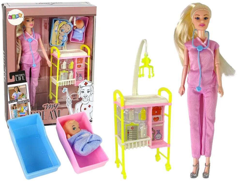 Lean Toys Bábika doktorka s bábätkom a doplnkami – v ružovom oblečení