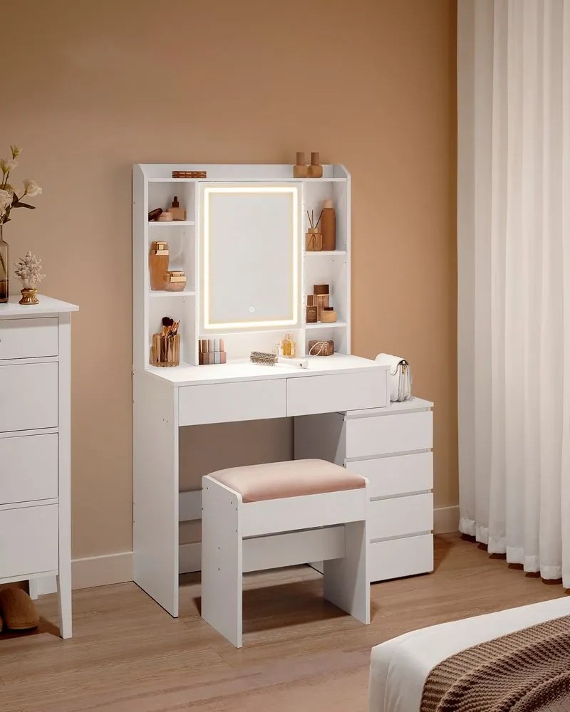 Toaletný stolík Vasagle Ginny 97 cm s LED osvetlením biely