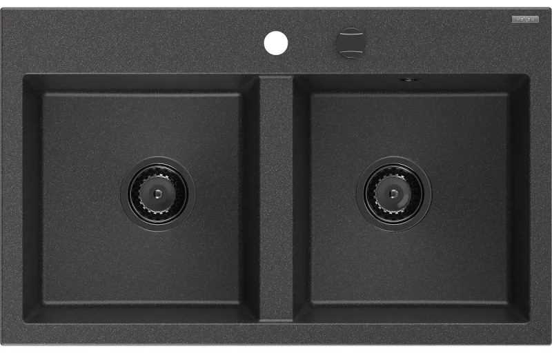 Mexen Hektor, 2-komorový granitový drez 800x480x205 mm, čierna škvrnitá, grafitový sifón, 6521802000-76-B