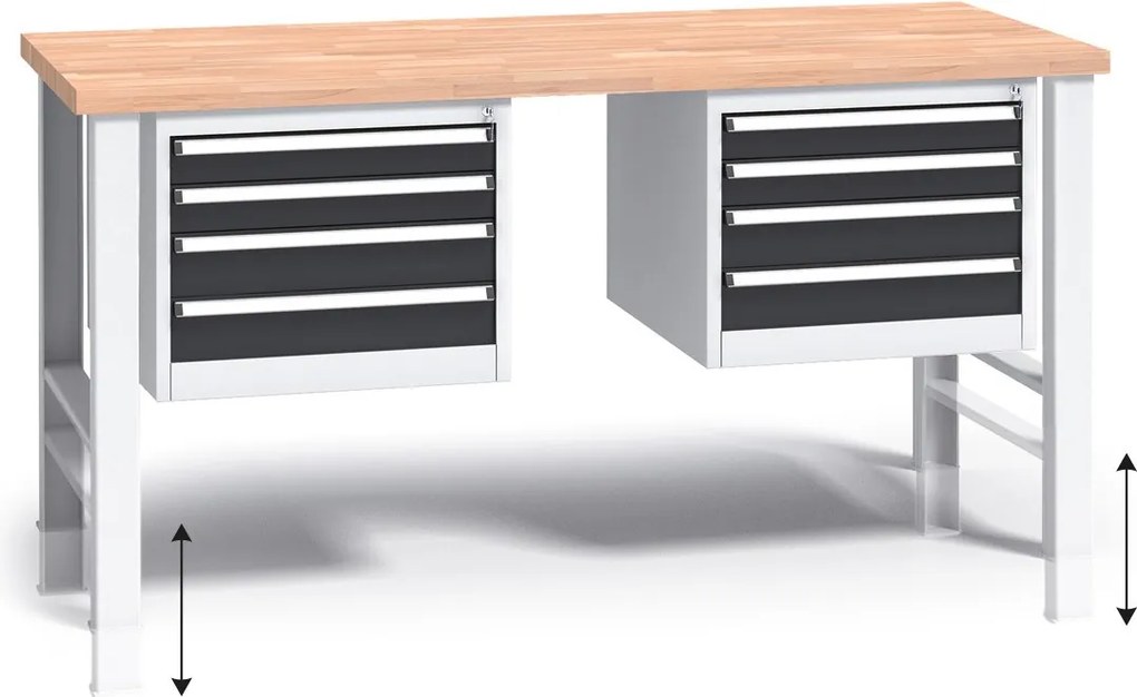Výškovo nastaviteľný pracovný stôl do dielne G3 s 2 závesnými boxami na náradie, buková škárovka, 8 zásuviek, 1700 x 685 x 840 - 1050 mm, grafit