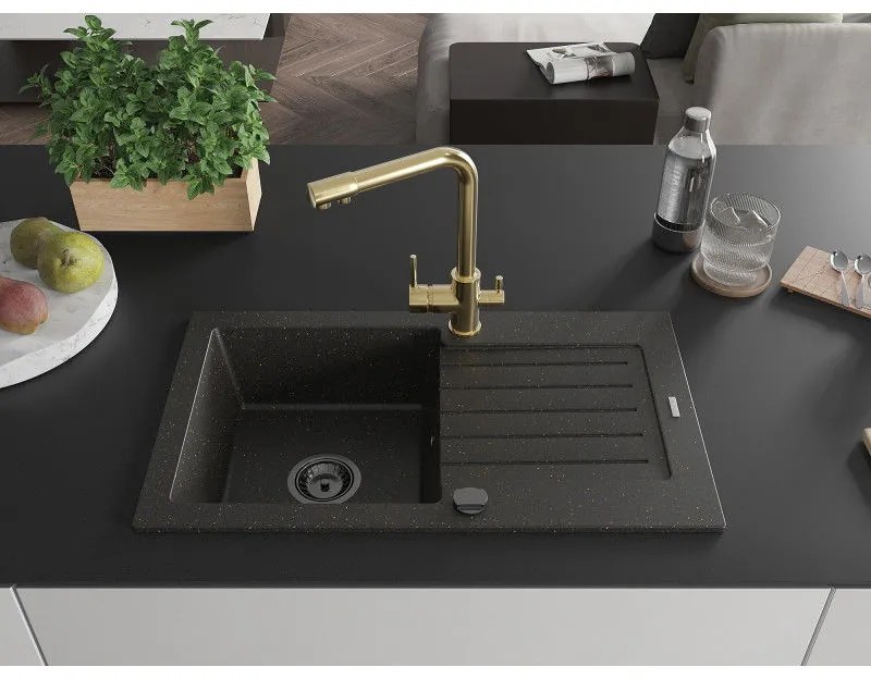 Mexen Pablo, granitový drez 752x436x161 mm, 1-komorový a zlatá batéria Duero, čierna - zlatá metalíza, 6510-75-671600-50-B