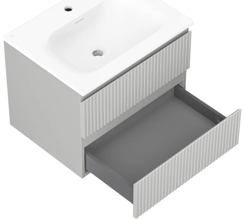 Mexen Rivel, kúpeľňová skrinka 60 cm s umývadlom Vela, 2 zásuvky, drážkovaná, sivá matná/biela, 91A20-06047-2-BFF62-W23M01
