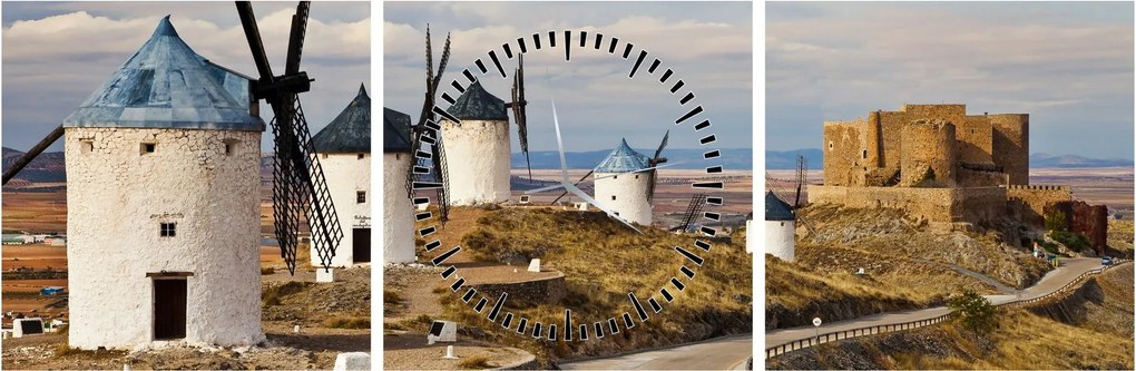 Obraz - Veterné mlyny Consuegra, Španielsko (s hodinami) (90x30 cm)