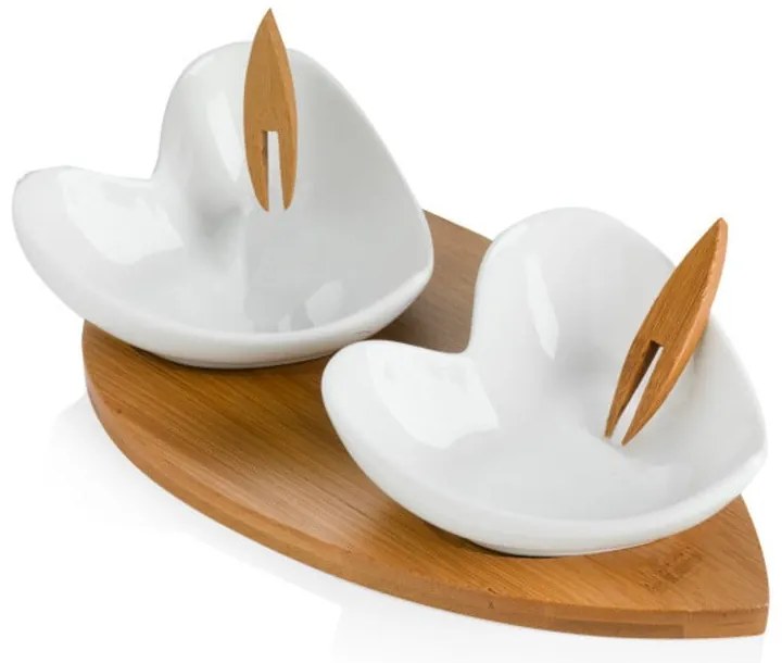 Sada 2 servírovacích misiek s bambusovým podnosom a dvomi napichovadlami Brandani Coeur Blanc