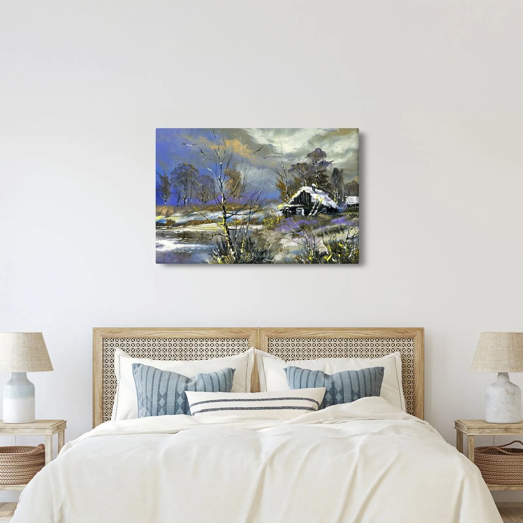 Obraz chalúpky v zimnej krajine, olejomaľba (90x60 cm)