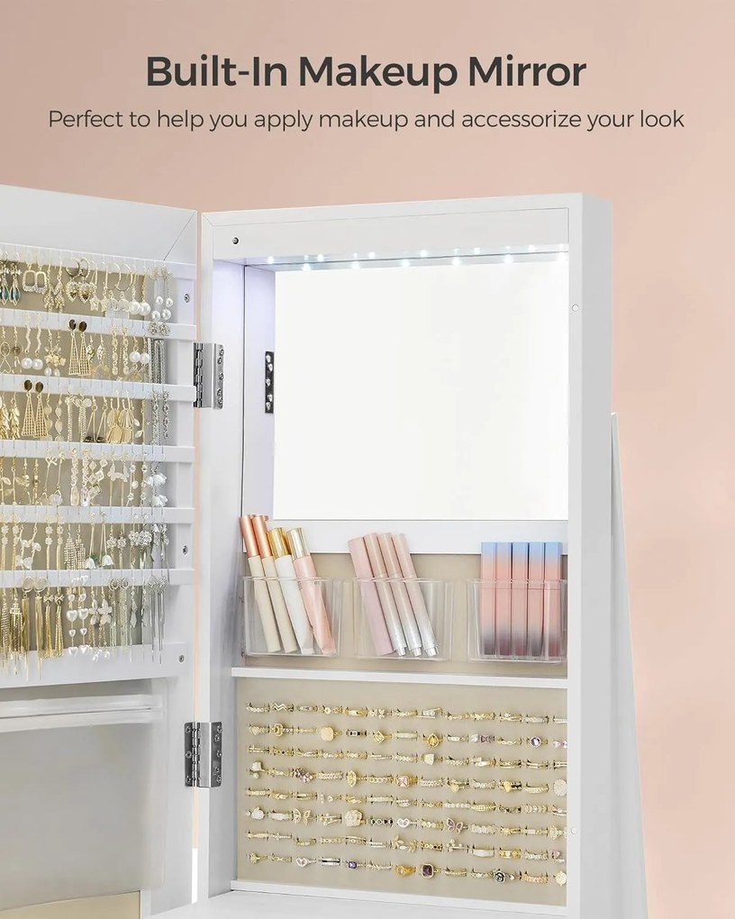 Šperkovnica, zrkadlová skriňa otočná o 360°, s bielym povrchom a greige