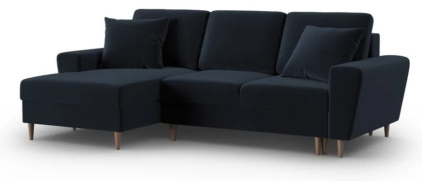 Tmavomodrá zamatová rozkladacia/s úložným priestorom rohová pohovka (ľavý roh/s leňoškou) Kyoto – Cosmopolitan Design