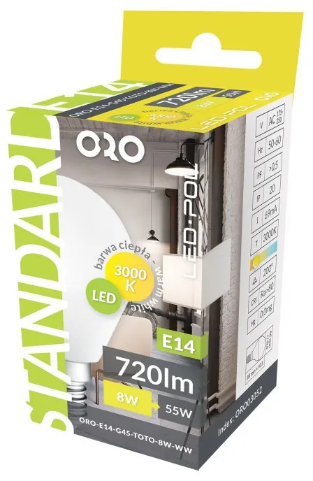 LED žiarovka E14 G45 8W