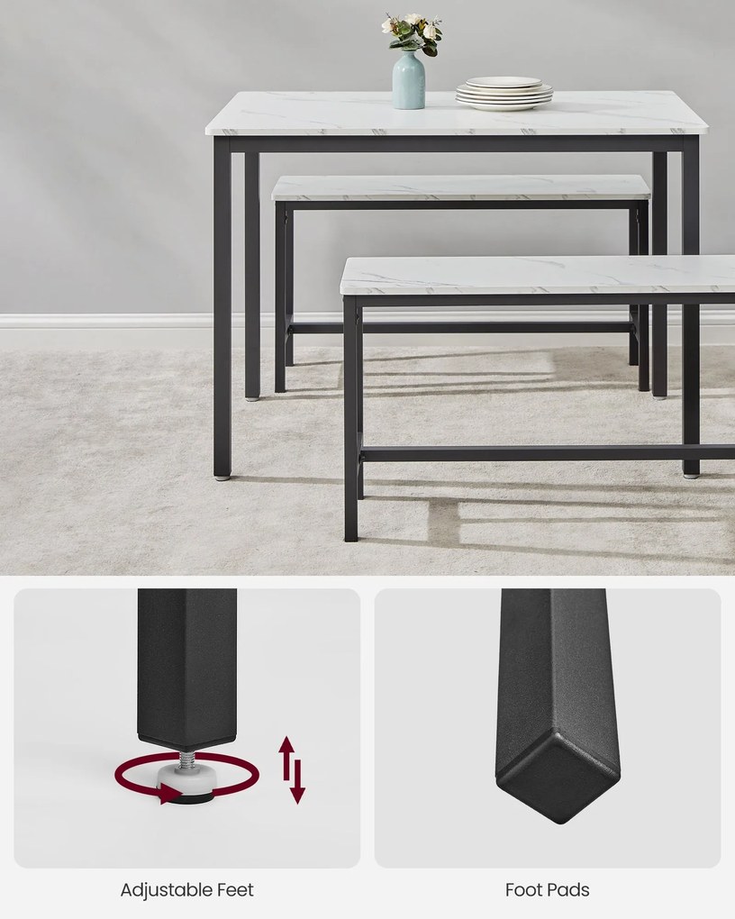 Jedálenský stôl pre 4 osoby, kuchynský stôl s 2 lavicami, 109,6 x 67,6 x 73,5 cm, mramorovo biely