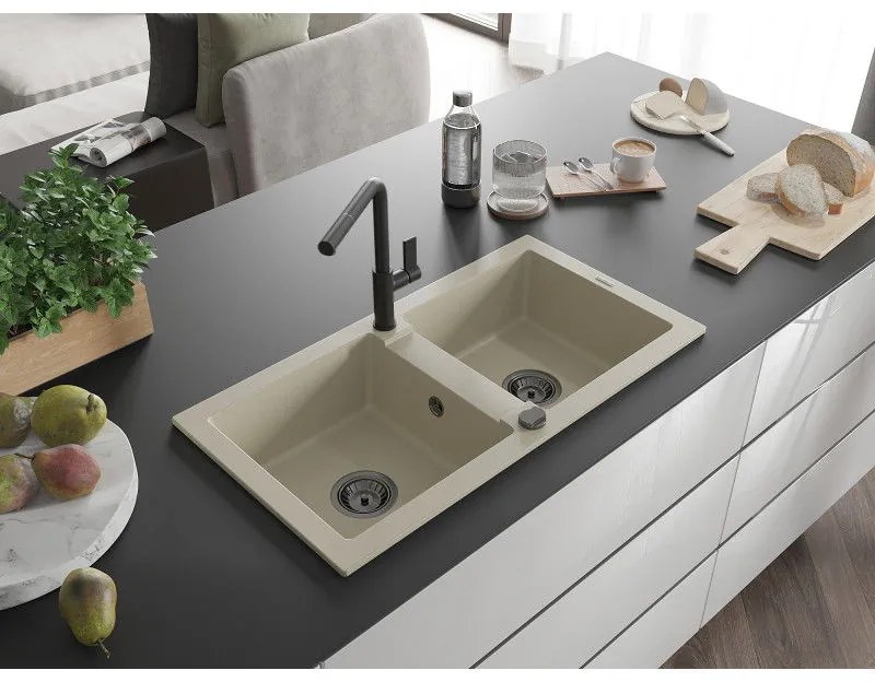 Mexen Mario, 2-komorový granitový drez 820x436x161 mm a drezová batéria Flora, béžová, 6504-69-670401-70-B