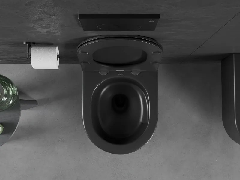 Mexen Sofia, závesná WC misa 490x360x355 mm, Rimless Tornádo + WC sedadlo z duroplastu, čierna matná, 30541085T