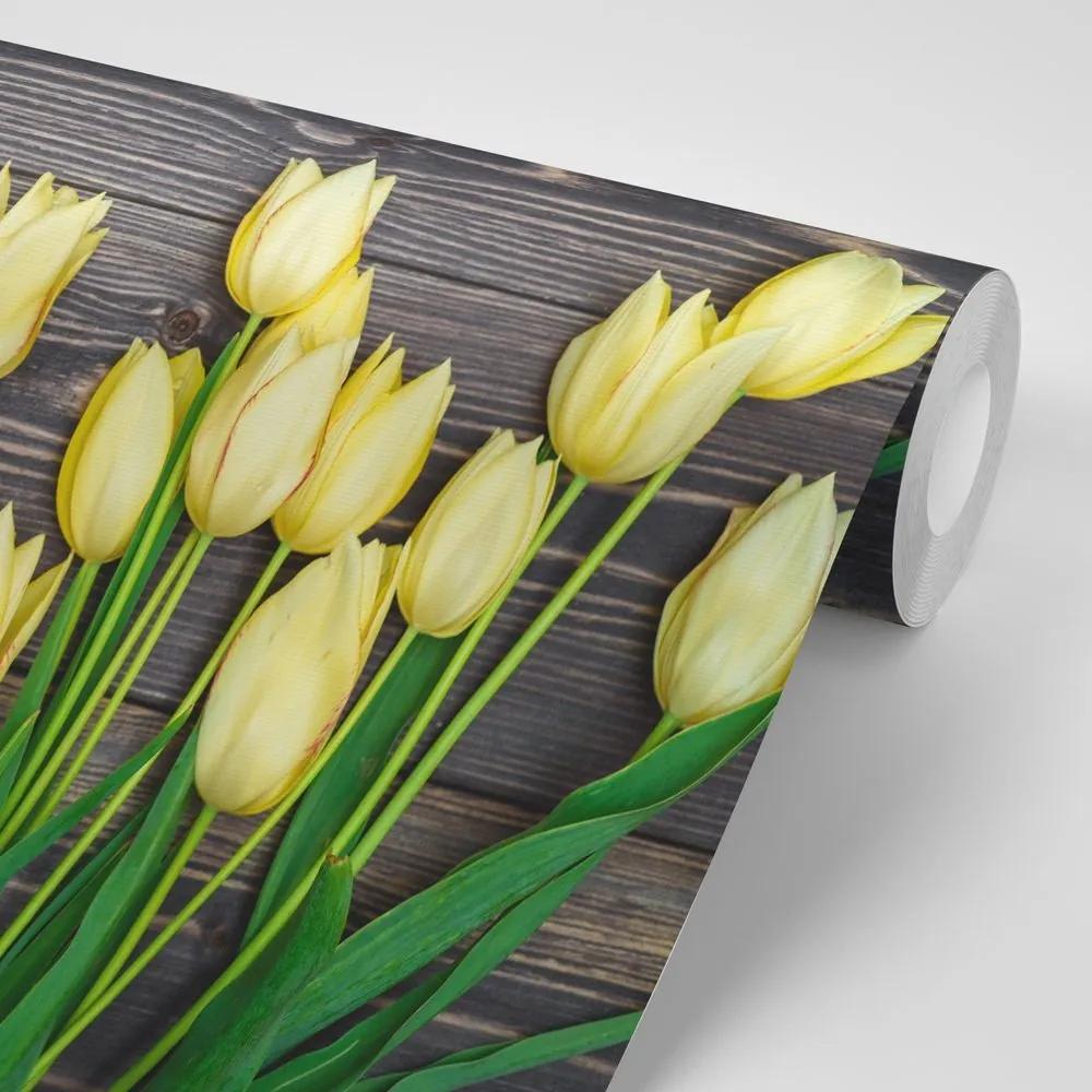Samolepiaca fototapeta žlté tulipány na drevenom podklade - 450x300