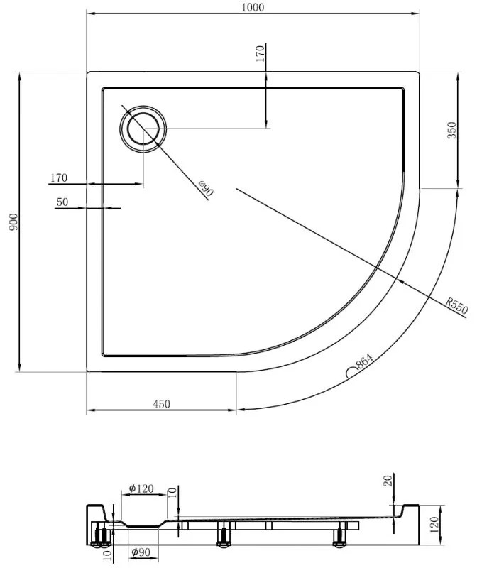 Mexen Flow+, štvrťkruhová asymetrická sprchová vanička, ľavá, 100 x 90 cm, biela lesklá, 46Q109010LH