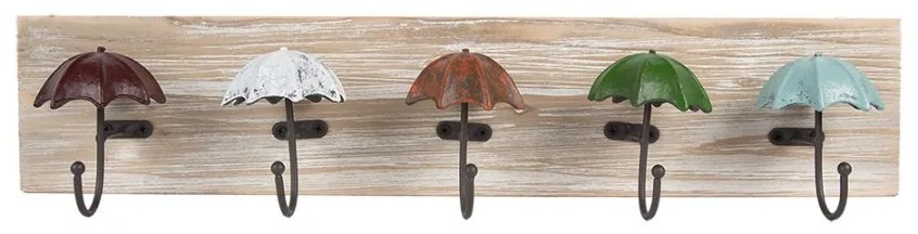 Drevený nástenný vešiak s 5timi háčikmi s dáždnikmi Umbrella - 60*10*12 cm