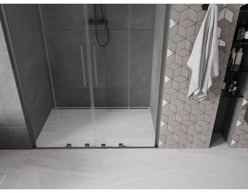 Mexen Velar L Duo, posuvné sprchové dvere do otvoru 160 cm, 8mm číre sklo, brúsený grafit, 871-160-003-02-95