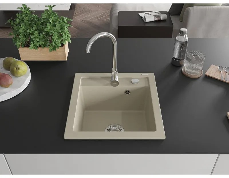 Mexen Vito, 1-komorový granitový drez 520x490x210 mm, chrómová batéria Telma, béžová, 6503-69-670200-00