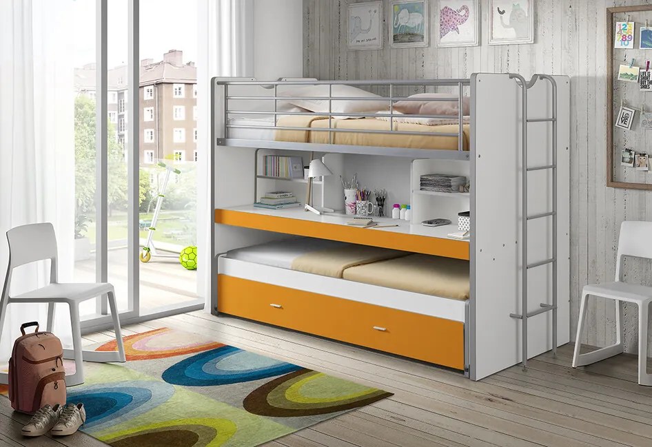 Poschodová postel s výsuvným stolíkom a zásuvkou oranžová 160cm 90x200cm