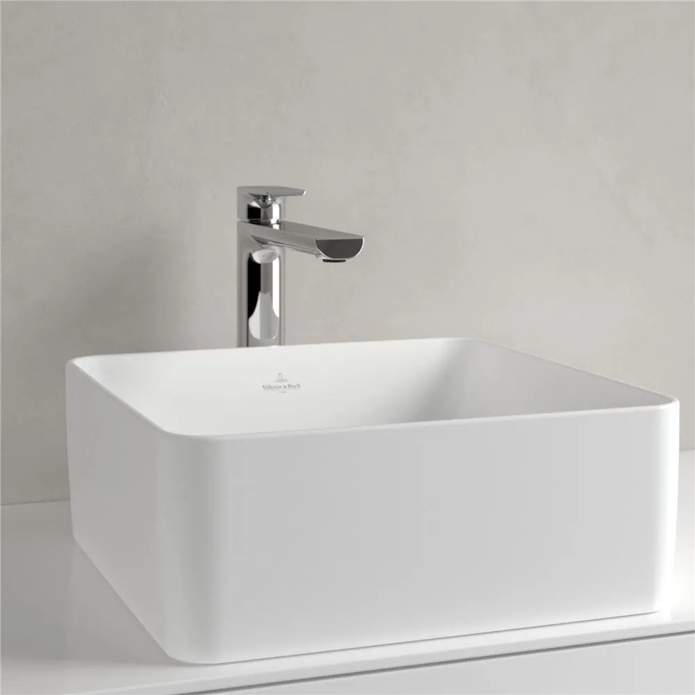 VILLEROY &amp; BOCH Collaro štvorcové umývadlo na dosku bez otvoru, bez prepadu, 380 x 380 mm, Stone White, s povrchom CeramicPlus, 4A2138RW