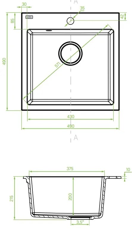 Laveo Alena, 1-komorový granitový drez 490x490x215 mm, čierna, LAV-SBA_710B