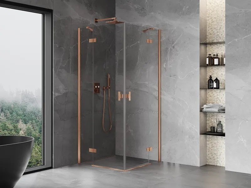 Mexen Mist-H Duo, 2-krídlový výklopný sprchový kút 105 x 105 cm, číre sklo, medený matný profil, 8A5-105L-105P-65-00