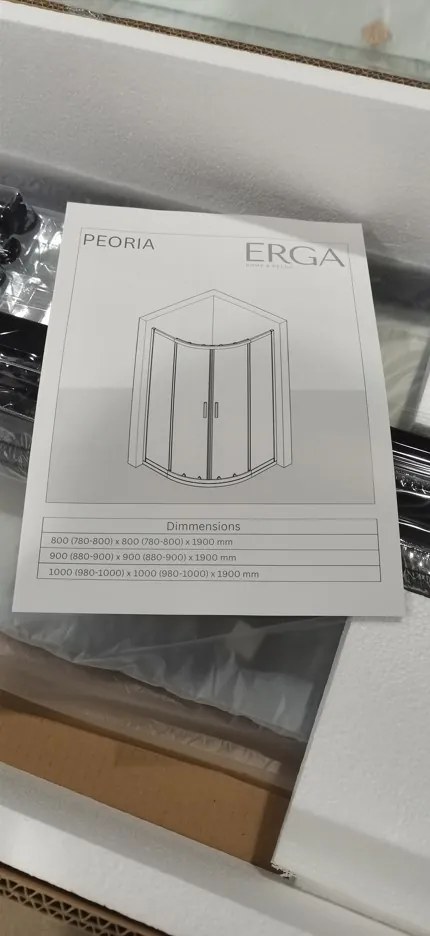 Erga Peoria, štvrťkruhový sprchový kút s posuvnými dverami 100(dvere) x 100(stena) x 190 cm, 6mm číre sklo, čierny profil, ERG-Q02-PEORIA-D100D100-CL-BK