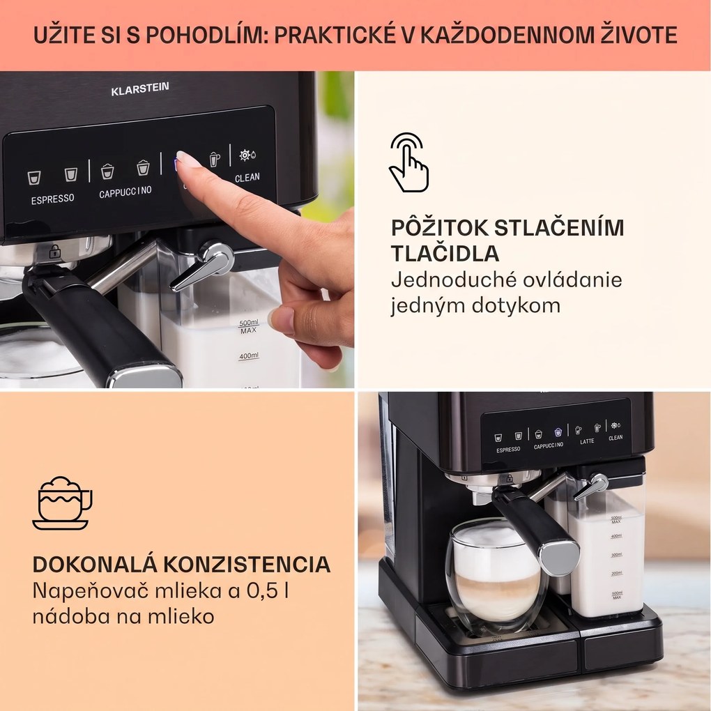 Klarstein Arabica Comfort  kávovar s portafiltrom, 1350 W, 20 bar, 1,8 l, dotykový ovládací panel