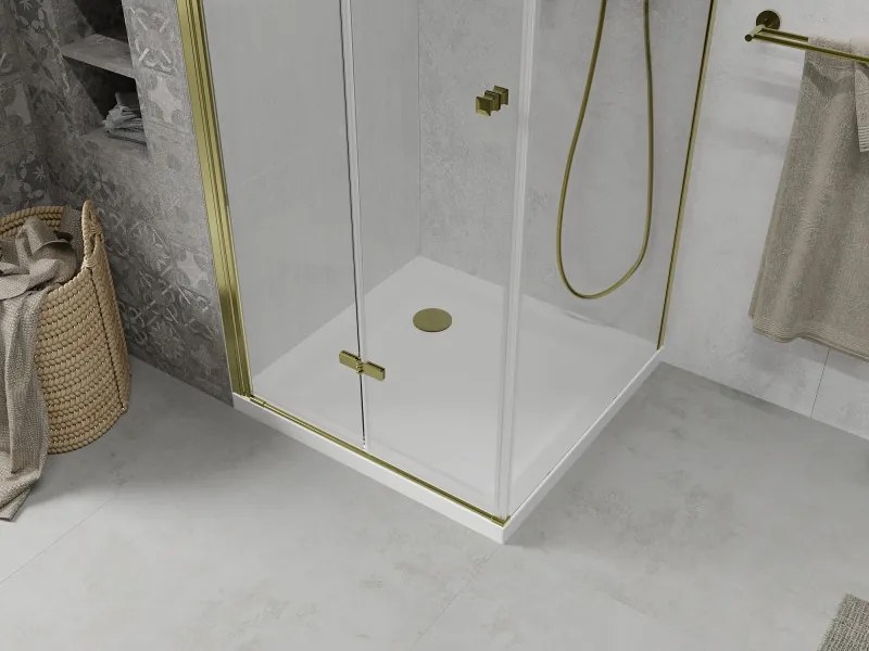 Mexen Lima sprchovací kút 90 (dvere) x 90 (stena) cm, 6mm číre sklo, zlatý profil + SLIM sprchová vanička biela 5cm, 856-090-090-50-00-4010