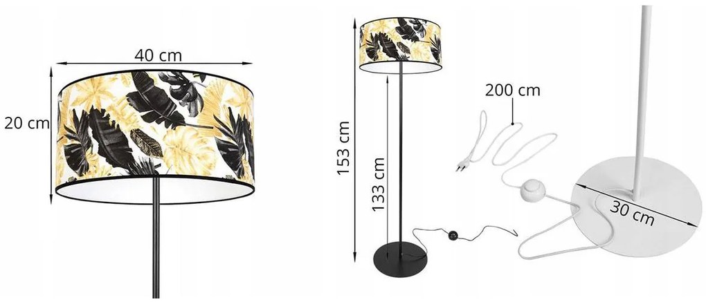 Stojacia lampa Gold Flowers, 1x biele textilné tienidlo s kvetinovým vzorom, (výber z 2 farieb konštrukcie), (fi 40cm), o