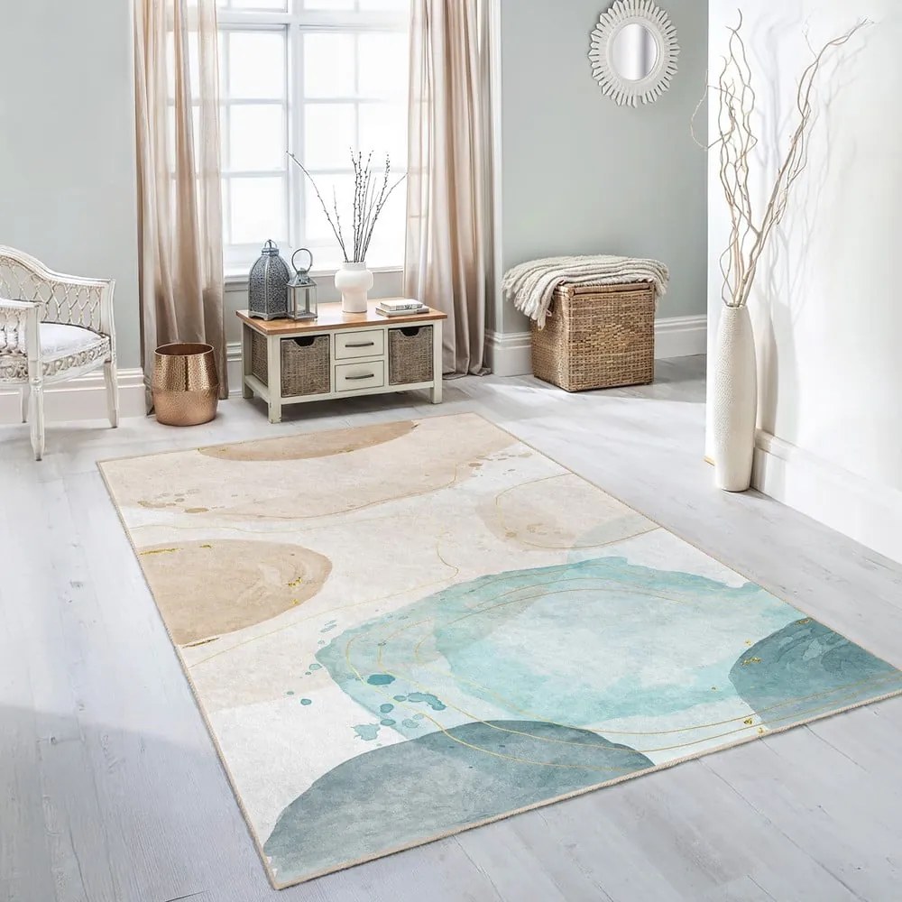 Krémovo-tyrkysový prateľný koberec 80x150 cm Puddle – Mila Home