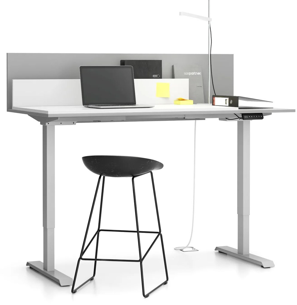 Kancelársky stôl SINGLE LAYERS, posuvná vrchná doska, s prepážkami, nastaviteľné nohy, biela/sivá