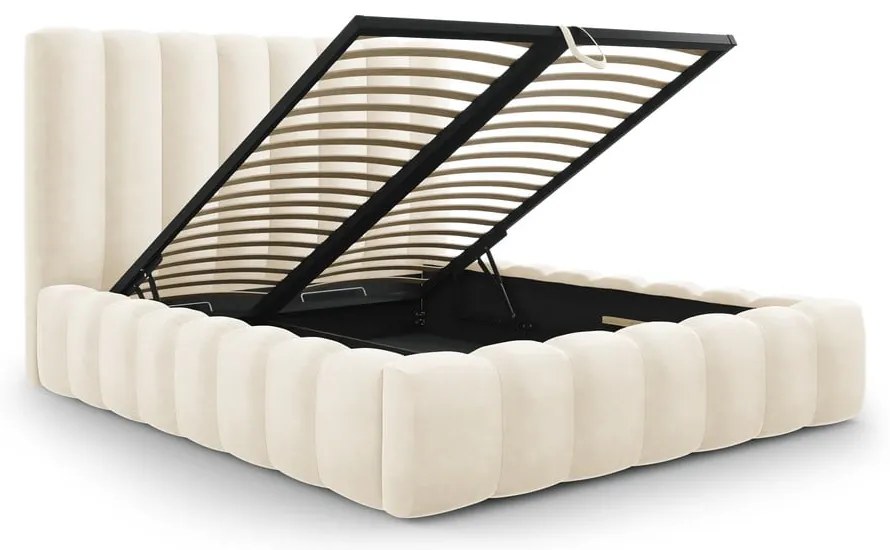 Béžová čalúnená dvojlôžková posteľ s úložným priestorom s roštom 200x200 cm Kelp - Micadoni Home