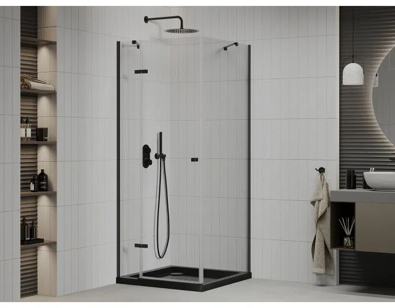 Mexen Roma, sprchovací kút s 1-krídlovými dverami 80 (dvere) x 80 (stena) cm, 6mm číre sklo, čierny profil, slim sprchová vanička 5cm čierna s čiernym sifónom, 854-080-080-70-00-4070B