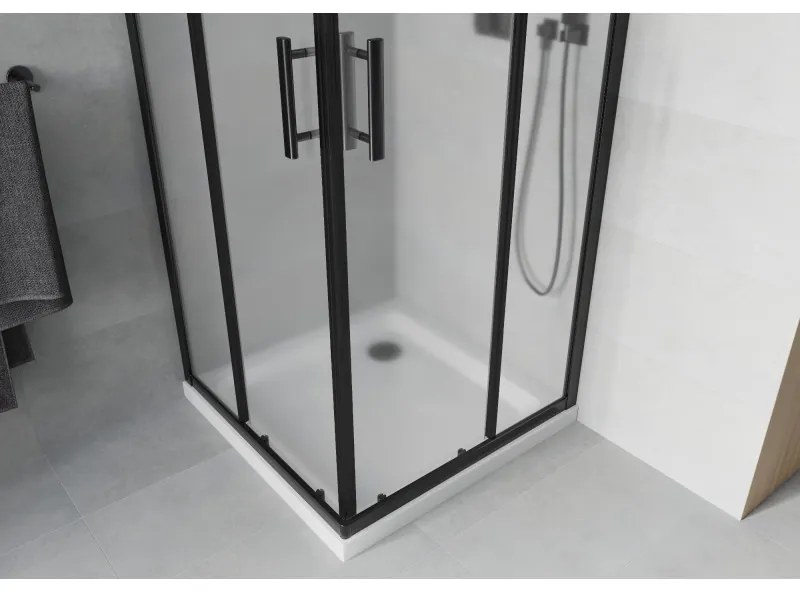 Mexen Rio, štvorcový sprchovací kút s posuvnými dverami 70(dvere) x 70(dvere) x 190 cm, 6mm sklo námraza, čierny profil + biela sprchová vanička SLIM, 860-070-070-70-30-4010B