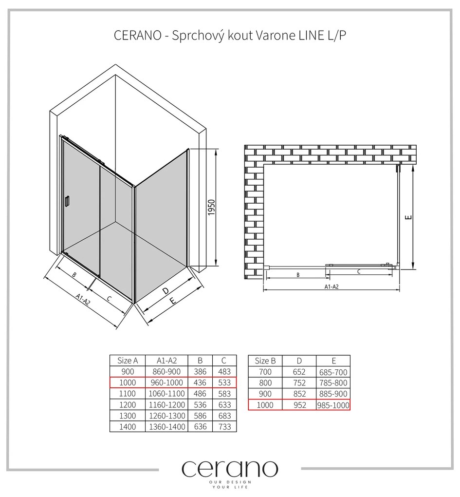 CERANO - Sprchovací kút Varone LINE Ľ/P - chróm, transparentné sklo - 100x100 cm - posuvný, CER-CER-DY505-90-196