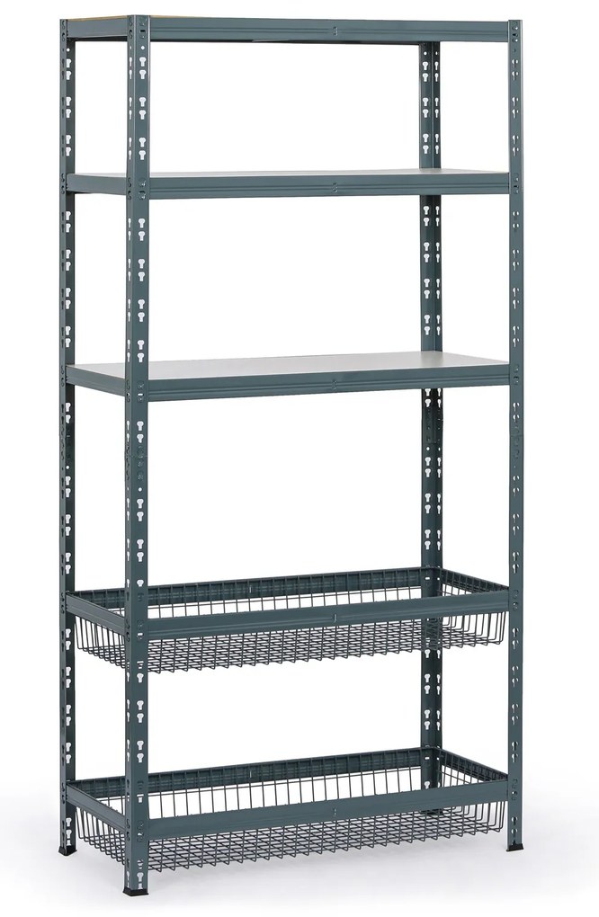 Policový regál s košmi, 1790 x 900 x 400 mm, nosnosť 175 kg, 3 police + 2 koše