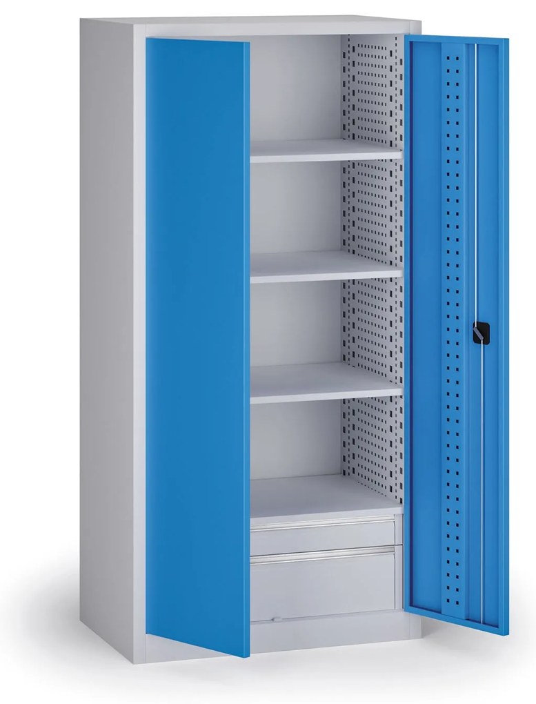 Policová dielenská skriňa na náradie KOVOS, perforovaný panel, 4 police, 2 zásuvky, 950 x 600 x 1950 mm, modrá