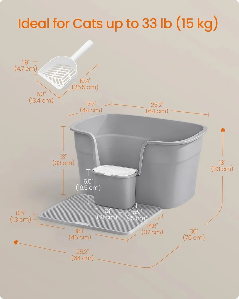 Extra veľká mačacia toaleta s vysokými bočnicami a mriežkou, sivá