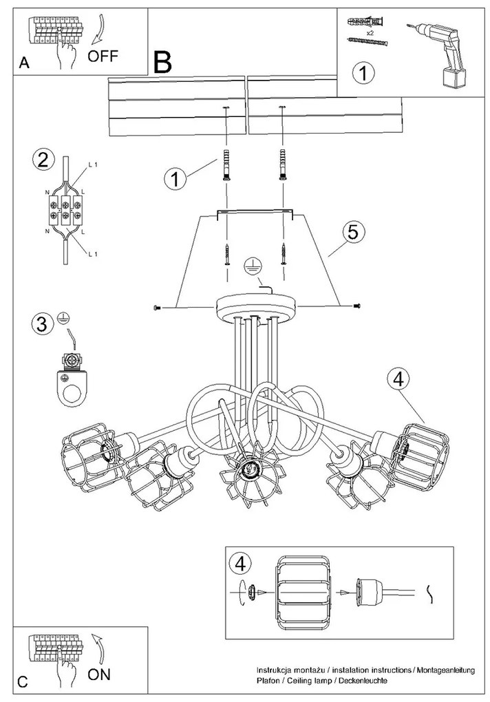 Stropné svietidlo Beluci, 5x čierne drôtené tienidlo