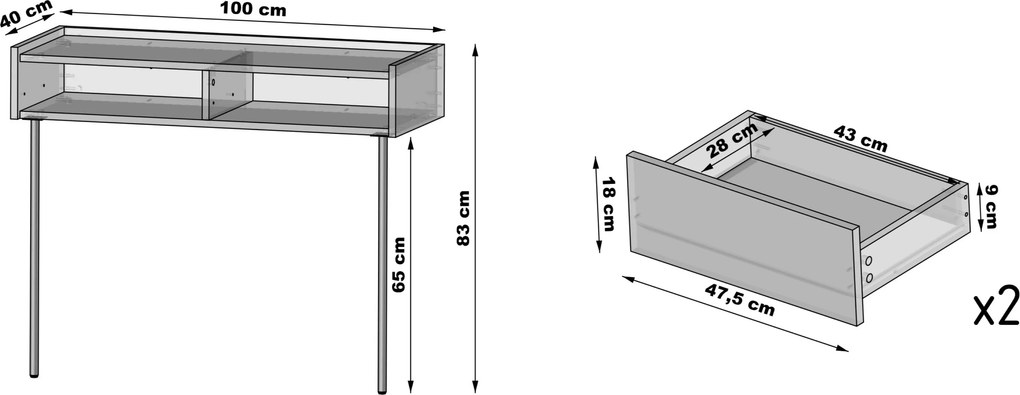 Konzola Dunari 100 cm so zásuvkami a kovovými nohami - dub dunin