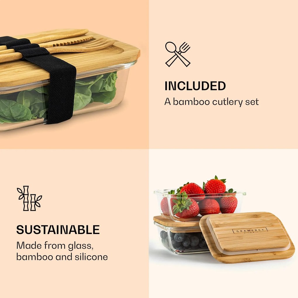 Gramercy Sada dóz na čerstvé potraviny, 4 veľkosti, borosilikátové sklo, bambusové viečka, stohovateľné