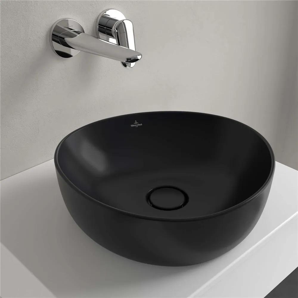 VILLEROY &amp; BOCH Antao asymetrické umývadlo na dosku bez otvoru, bez prepadu, 400 x 395 mm, Pure Black, s povrchom CeramicPlus, 4A7240R7
