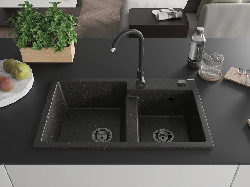 Mexen Tomas, granitový drez 800x500x190 mm, 2-komorový, čierna-zlatá metalíza s čiernym sifónom, 6516802000-75-B