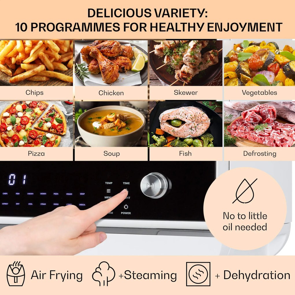 Klarstein Vita Pro, teplovzdušná fritéza s varením v pare, 2450 W, 18 l, 14 programov, 800 ml nádrž na vodu