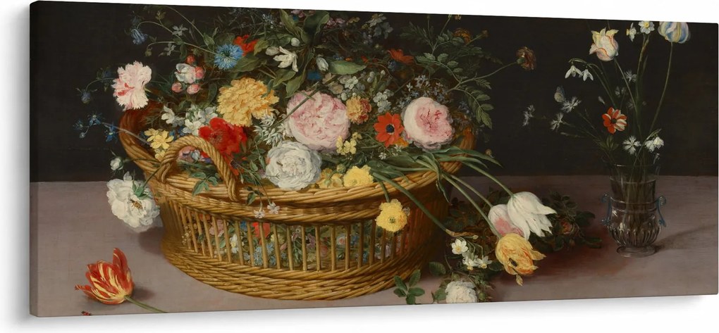 Obraz - Jan Brueghel the Elder, Flowers in a Basket and a Vase, reprodukcia (120x50 cm)