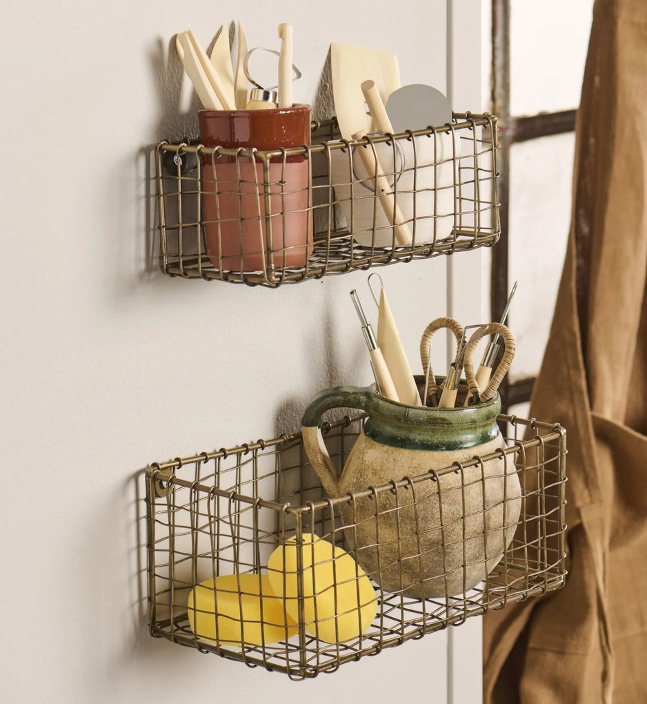Ib Laursen Nástenný drôtený kôš Antique Golden – set 2 ks
