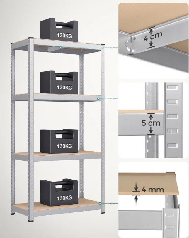 Súprava 2 ks oceľových nastaviteľných políc s vysokou nosnosťou, 160x80x40, sivé